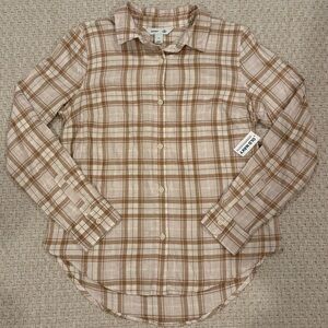 Old Navy Women's Beige and Brown Plaid Button Down Flannel Shirt